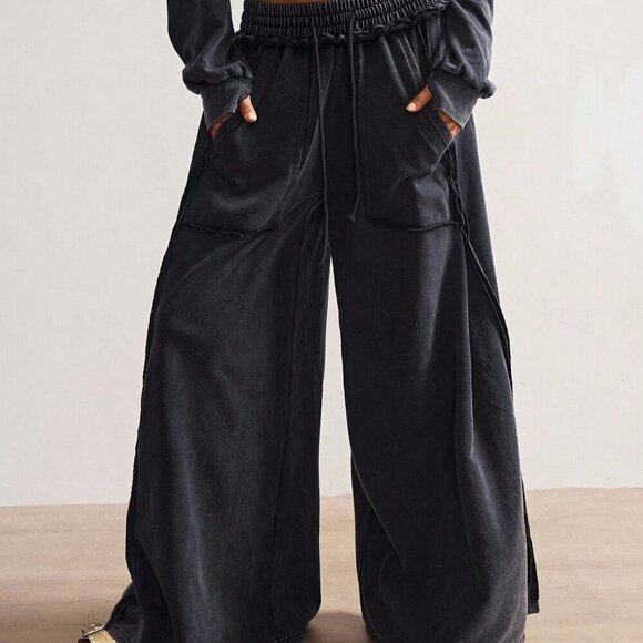 Black Casual Women's Washed Knit Long Sleeve Loose Backless Sweatshirt & pants - Picture 7 of 8